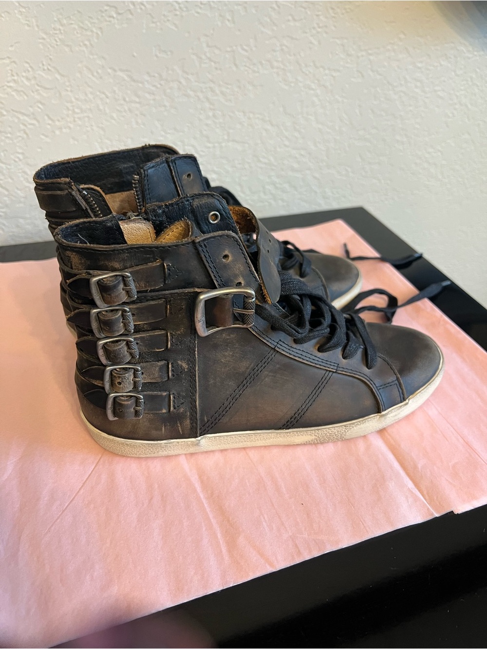 Frye Black High-Top Leather Buckle Sneakers